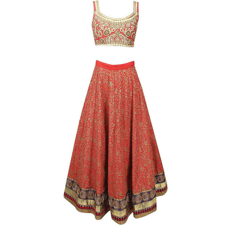 Odette Red Embroidered Art Silk Semi Stitched Lehenga with Unstitched Blouse (Set of 3)