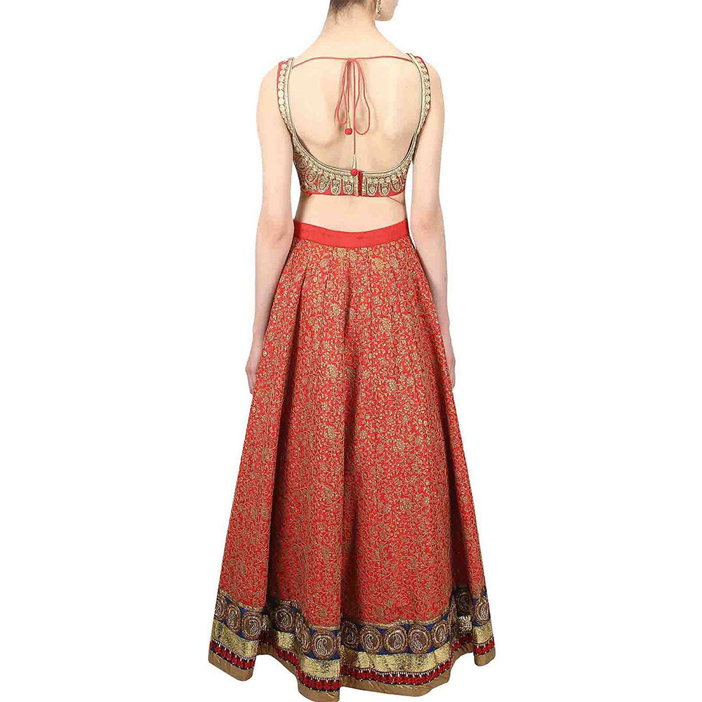 Odette Red Embroidered Art Silk Semi Stitched Lehenga with Unstitched Blouse (Set of 3)