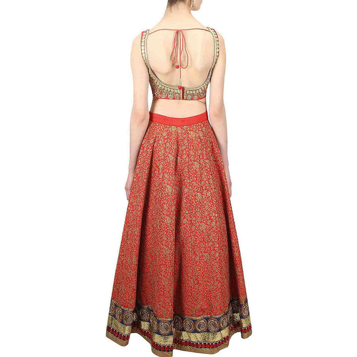 Odette Red Embroidered Art Silk Semi Stitched Lehenga with Unstitched Blouse (Set of 3)