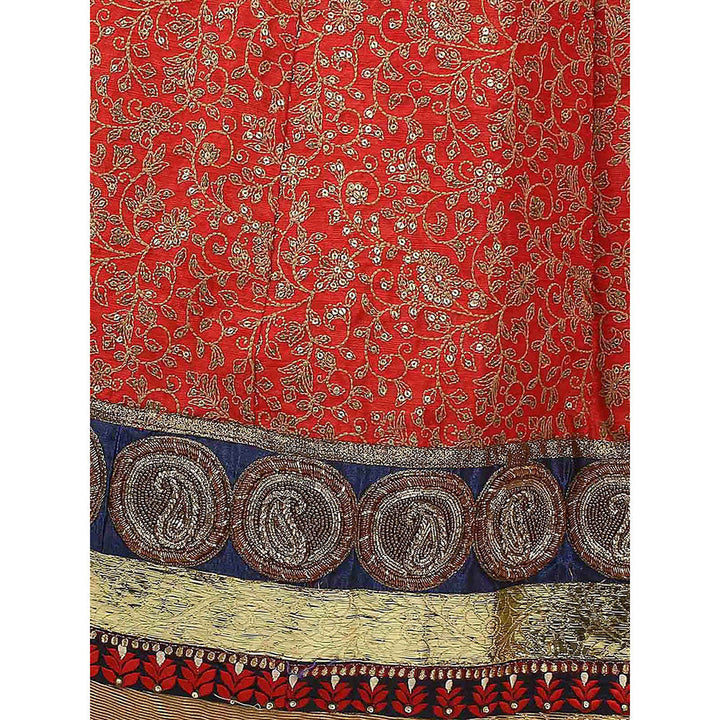 Odette Red Embroidered Art Silk Semi Stitched Lehenga with Unstitched Blouse (Set of 3)