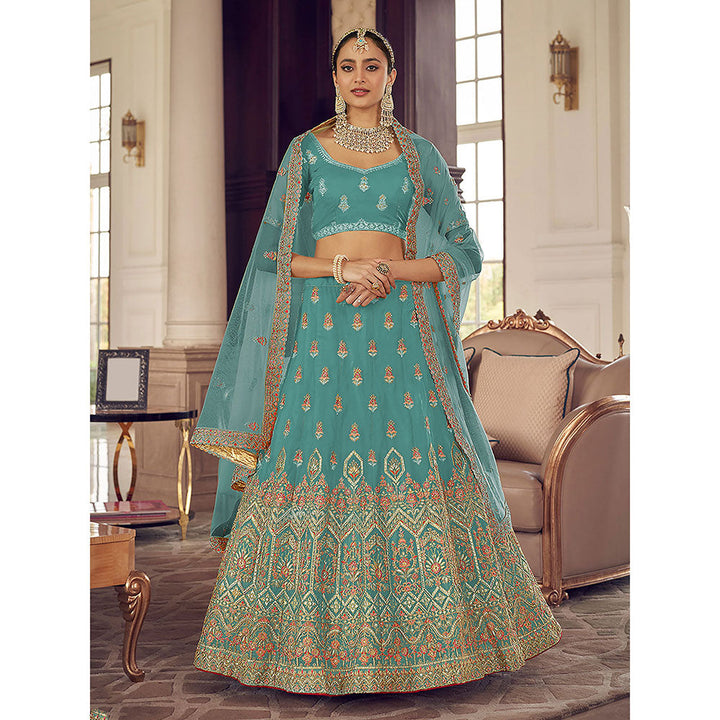 Odette Light Blue Embroidered Georgette Semi Stitched Lehenga with Unstitched Blouse (Set of 3)