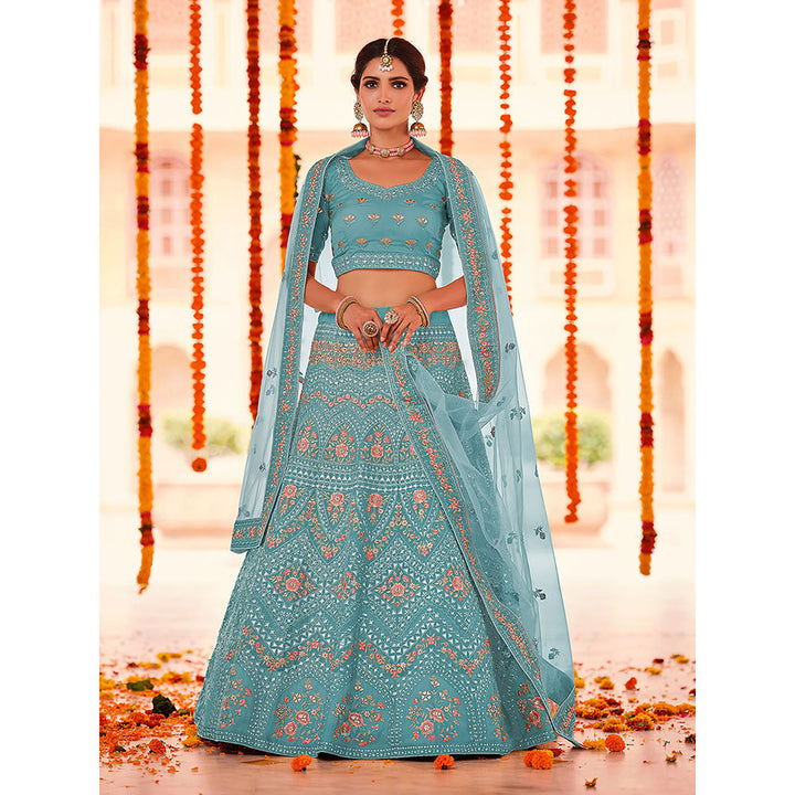 Odette Light Blue Embroidered Georgette Semi Stitched Lehenga with Unstitched Blouse (Set of 3)