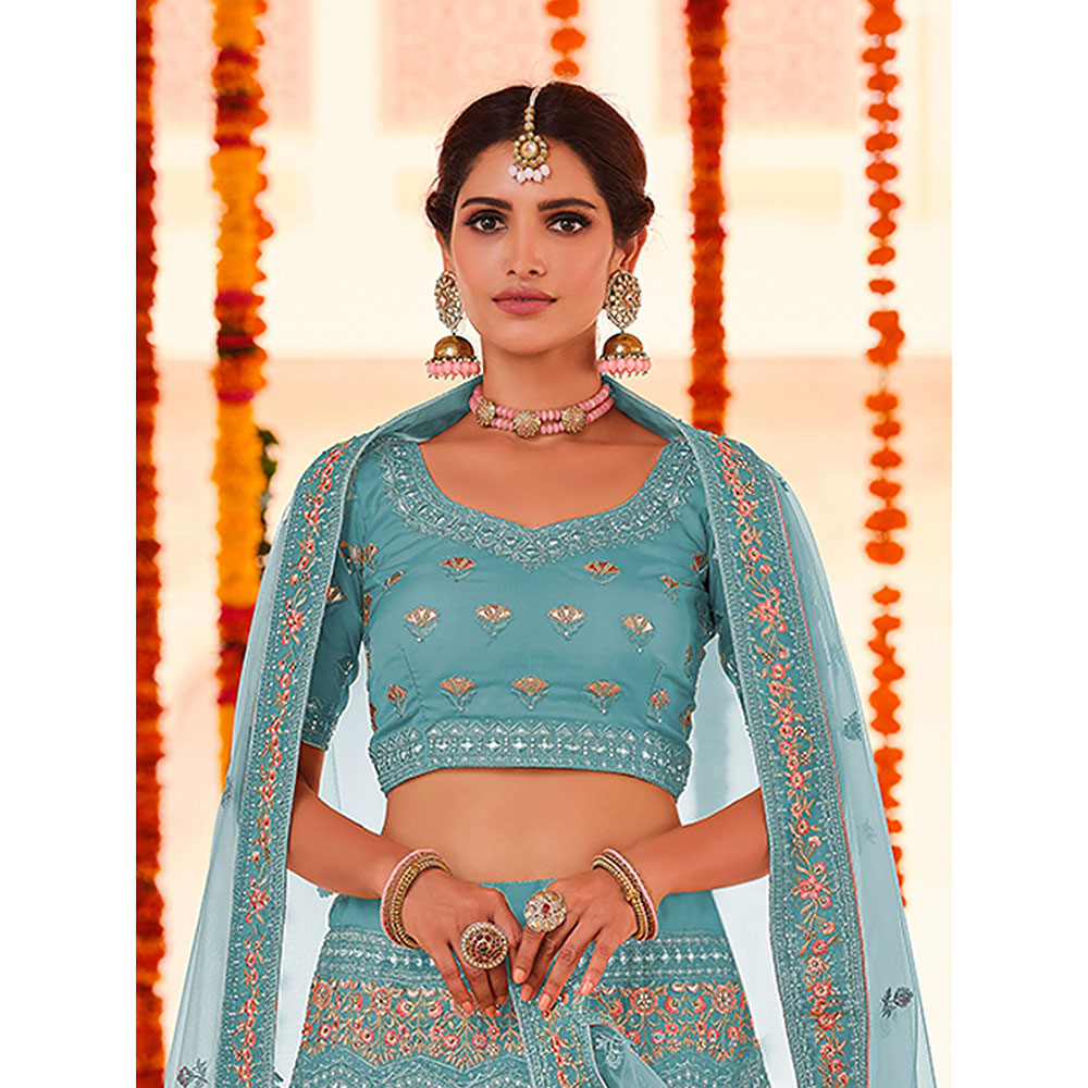 Odette Light Blue Embroidered Georgette Semi Stitched Lehenga with Unstitched Blouse (Set of 3)