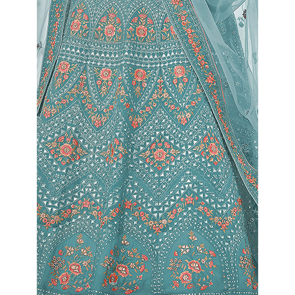 Odette Light Blue Embroidered Georgette Semi Stitched Lehenga with Unstitched Blouse (Set of 3)