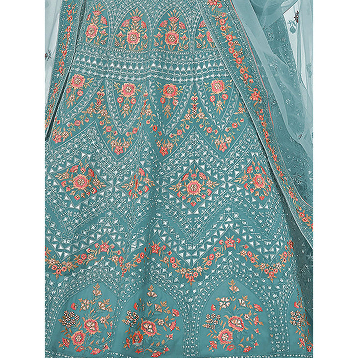 Odette Light Blue Embroidered Georgette Semi Stitched Lehenga with Unstitched Blouse (Set of 3)