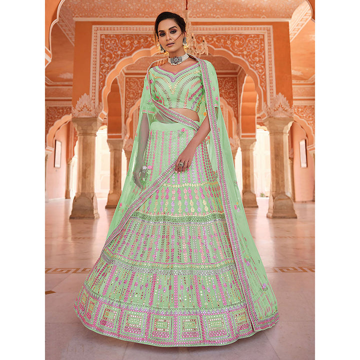 Odette Green Embroidered Georgette Semi Stitched Lehenga with Unstitched Blouse (Set of 3)