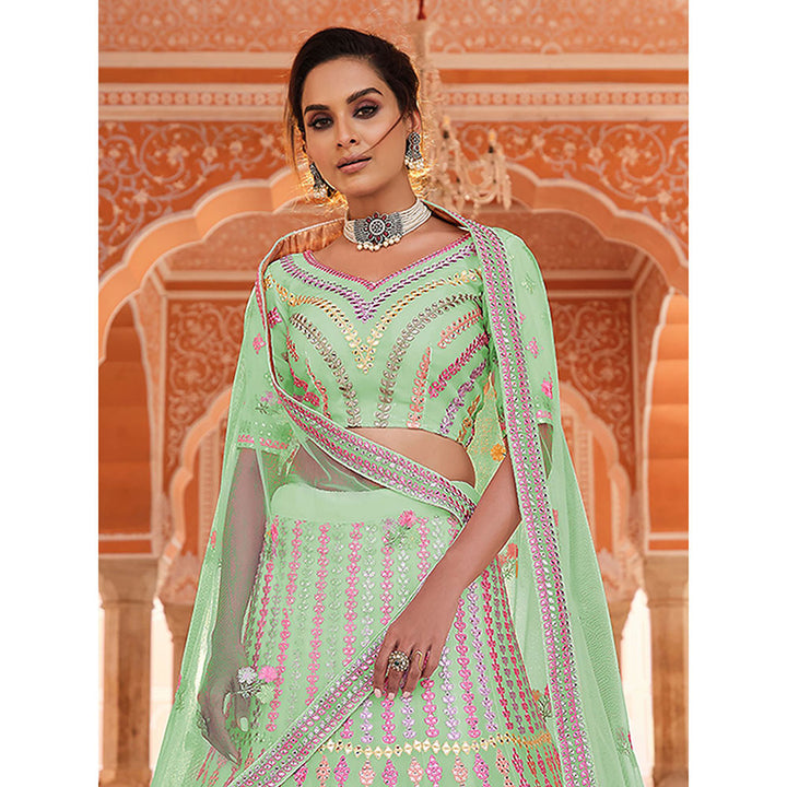 Odette Green Embroidered Georgette Semi Stitched Lehenga with Unstitched Blouse (Set of 3)