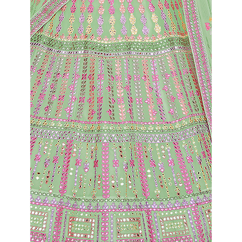 Odette Green Embroidered Georgette Semi Stitched Lehenga with Unstitched Blouse (Set of 3)