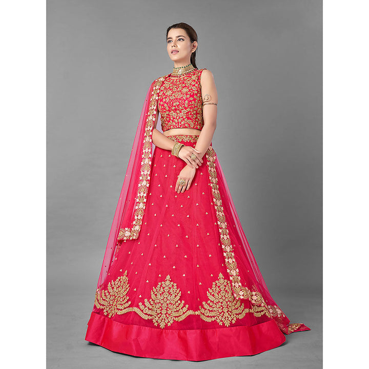 Odette Coral Thread Embroidered Soft Net Semi Stitched Lehenga with Unstitched Blouse (Set of 3)