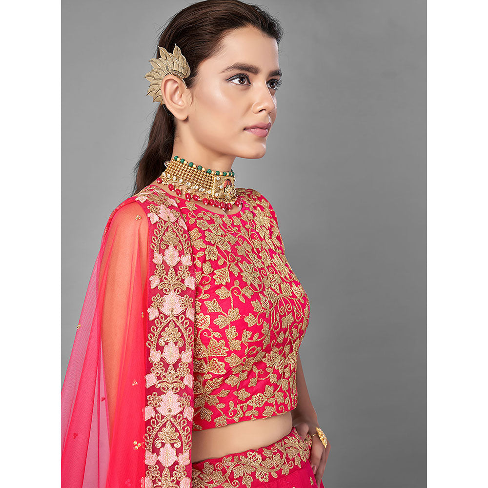 Odette Coral Thread Embroidered Soft Net Semi Stitched Lehenga with Unstitched Blouse (Set of 3)