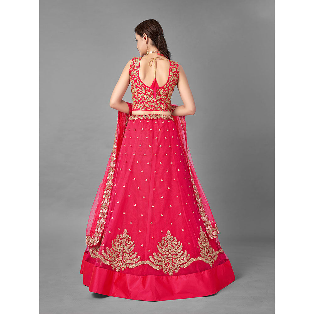 Odette Coral Thread Embroidered Soft Net Semi Stitched Lehenga with Unstitched Blouse (Set of 3)