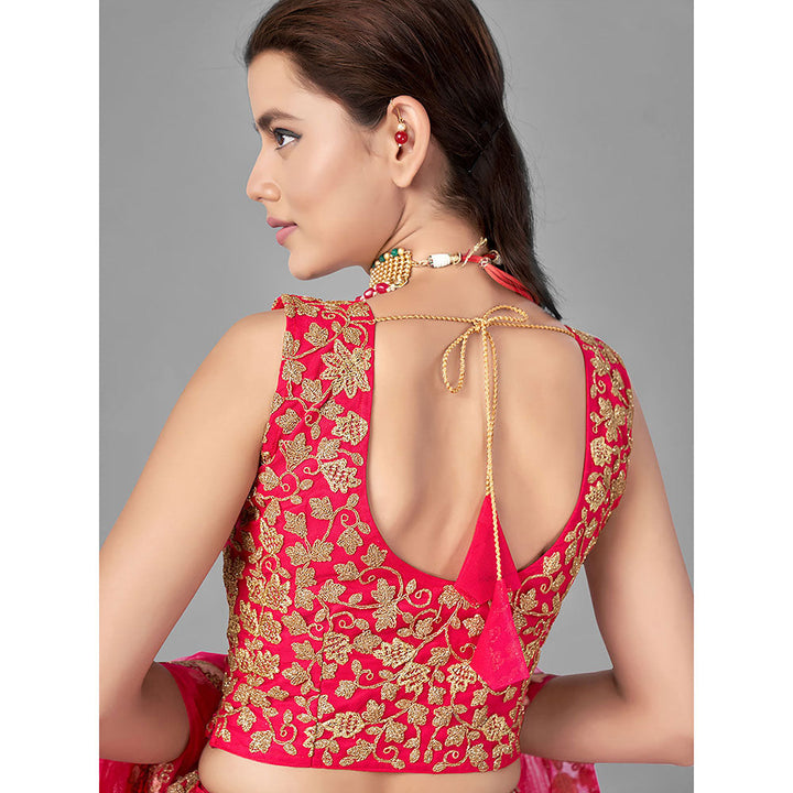 Odette Coral Thread Embroidered Soft Net Semi Stitched Lehenga with Unstitched Blouse (Set of 3)