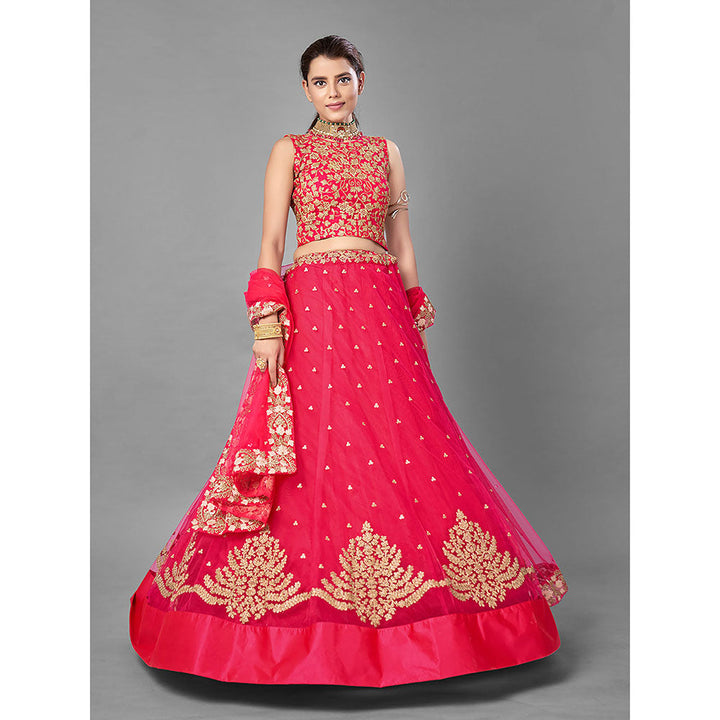 Odette Coral Thread Embroidered Soft Net Semi Stitched Lehenga with Unstitched Blouse (Set of 3)