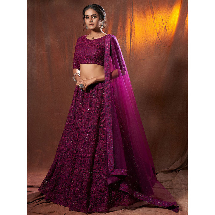 Odette Wine Sequins & Thread Semi Stitched Lehenga with Unstitched Blouse (Set of 3)