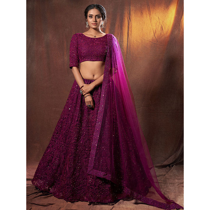 Odette Wine Sequins & Thread Semi Stitched Lehenga with Unstitched Blouse (Set of 3)