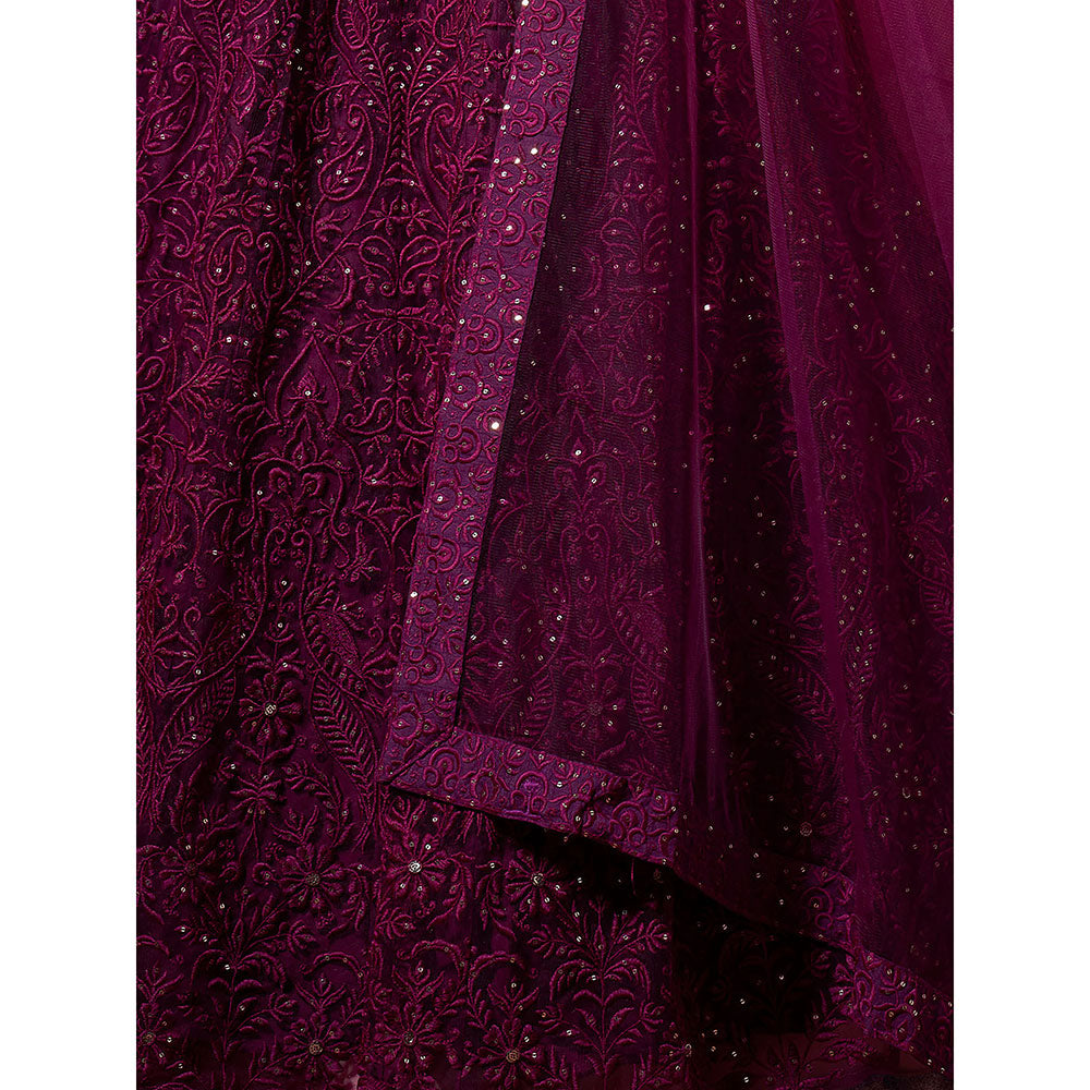 Odette Wine Sequins & Thread Semi Stitched Lehenga with Unstitched Blouse (Set of 3)