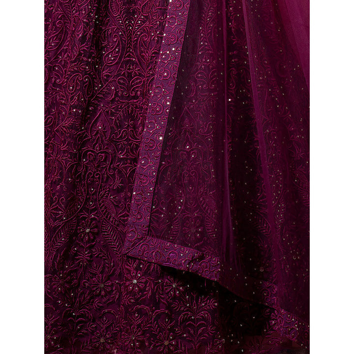 Odette Wine Sequins & Thread Semi Stitched Lehenga with Unstitched Blouse (Set of 3)