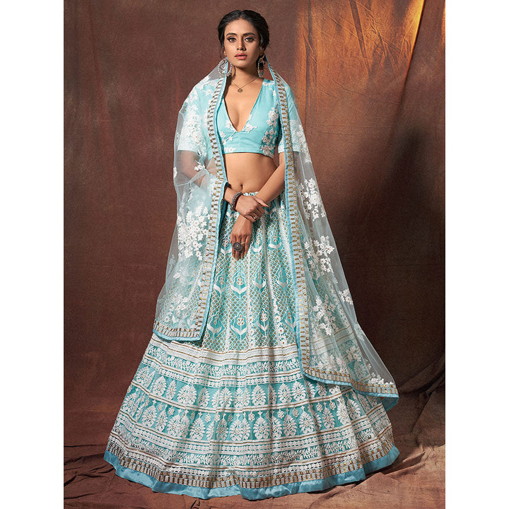 Odette Blue Resham & Sequins Semi Stitched Lehenga with Unstitched Blouse (Set of 3)