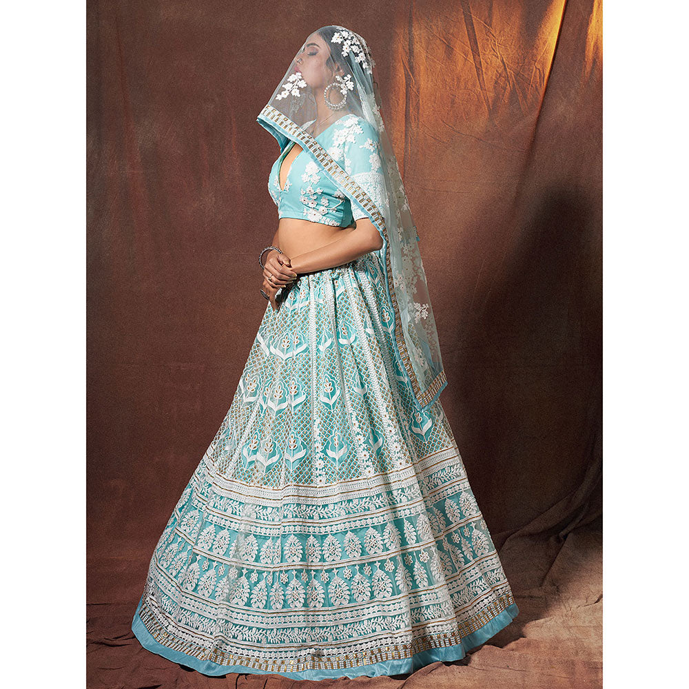 Odette Blue Resham & Sequins Semi Stitched Lehenga with Unstitched Blouse (Set of 3)