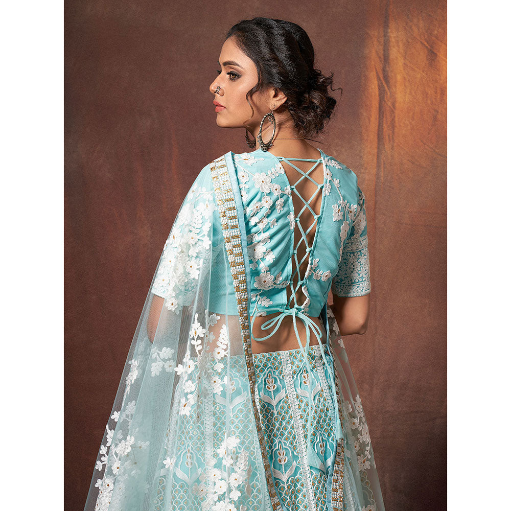 Odette Blue Resham & Sequins Semi Stitched Lehenga with Unstitched Blouse (Set of 3)