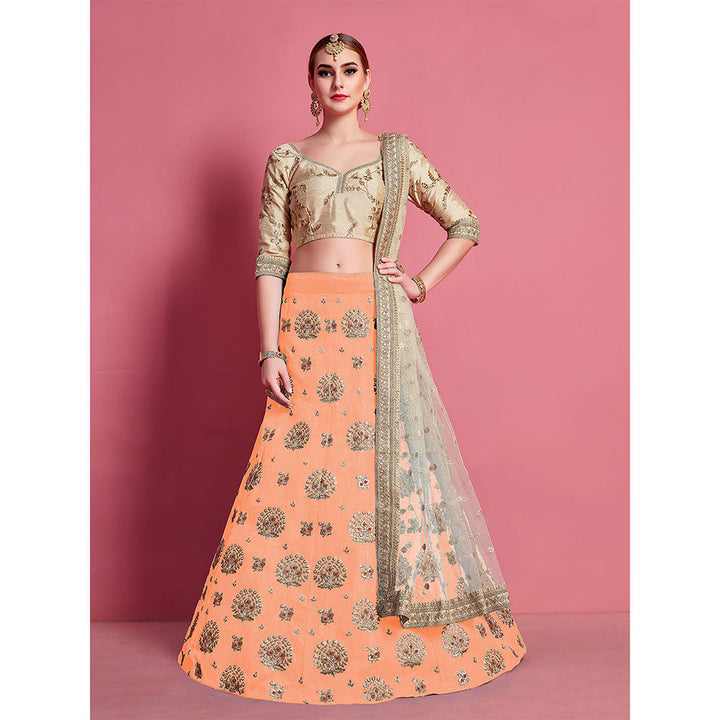 Odette Orange Embroidered Semi Stitched Lehenga with Unstitched Blouse (Set of 3)