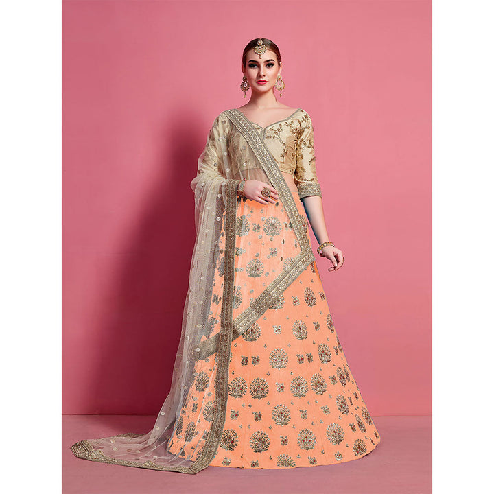 Odette Orange Embroidered Semi Stitched Lehenga with Unstitched Blouse (Set of 3)