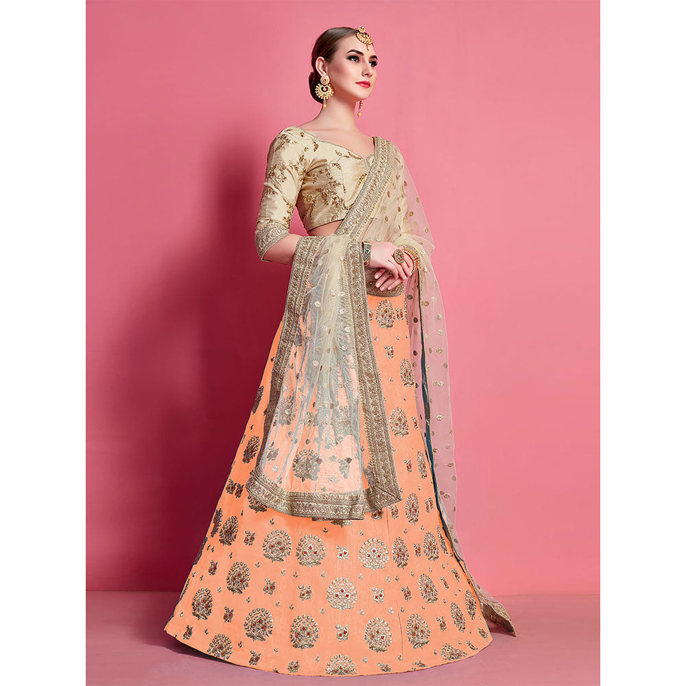 Odette Orange Embroidered Semi Stitched Lehenga with Unstitched Blouse (Set of 3)