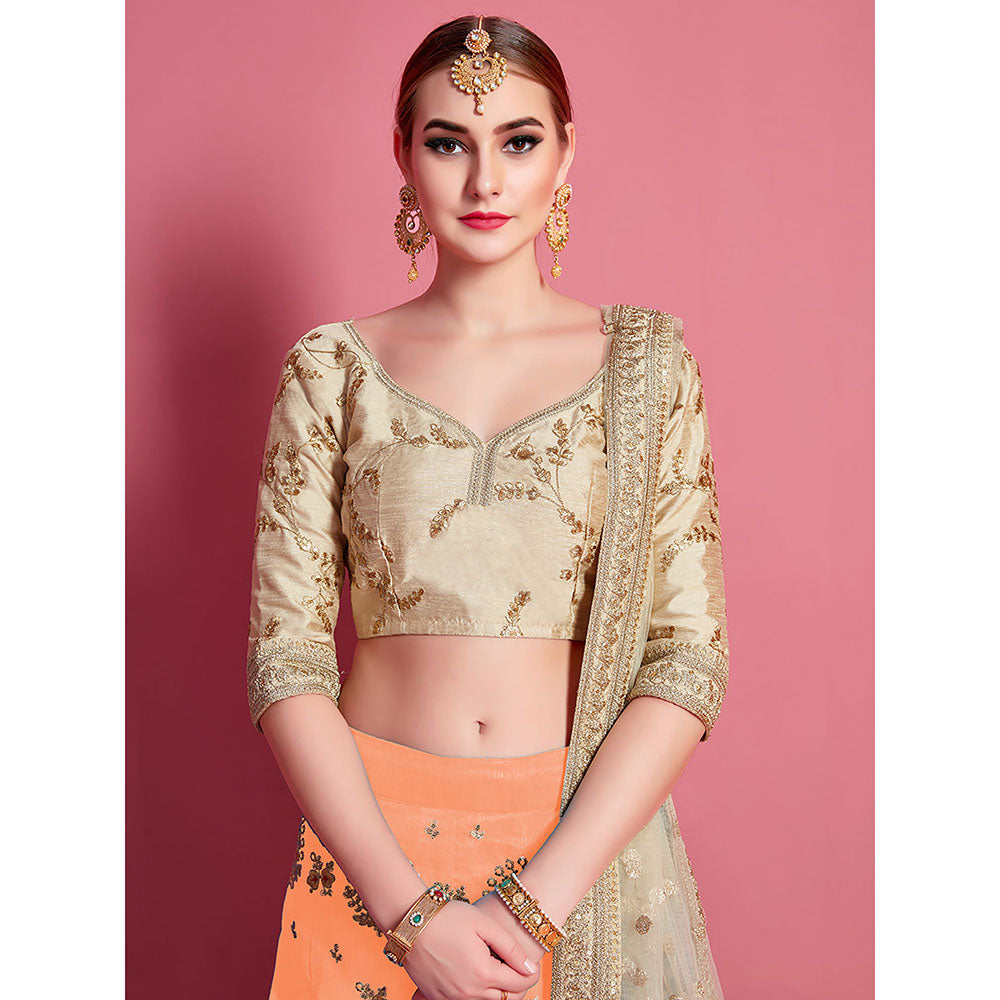 Odette Orange Embroidered Semi Stitched Lehenga with Unstitched Blouse (Set of 3)