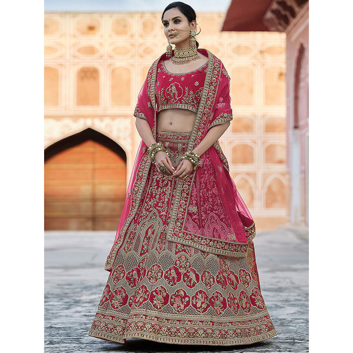 Odette Designer Pink Semi Stitched Lehenga with Unstitched Blouse (Set of 3)