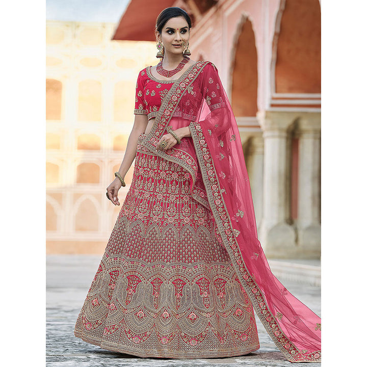 Odette Pink Velvet Soft Net Semi Stitched Lehenga with Unstitched Blouse (Set of 3)