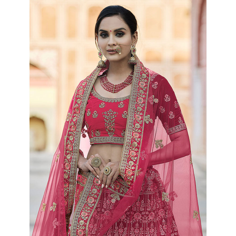 Odette Pink Velvet Soft Net Semi Stitched Lehenga with Unstitched Blouse (Set of 3)