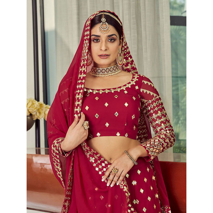 Odette Red Elegant Semi Stitched Lehenga with Unstitched Blouse (Set of 3)