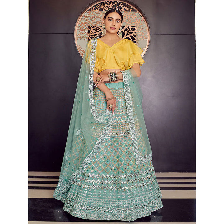 Odette Sea Green Stunning Semi Stitched Lehenga with Unstitched Blouse (Set of 3)