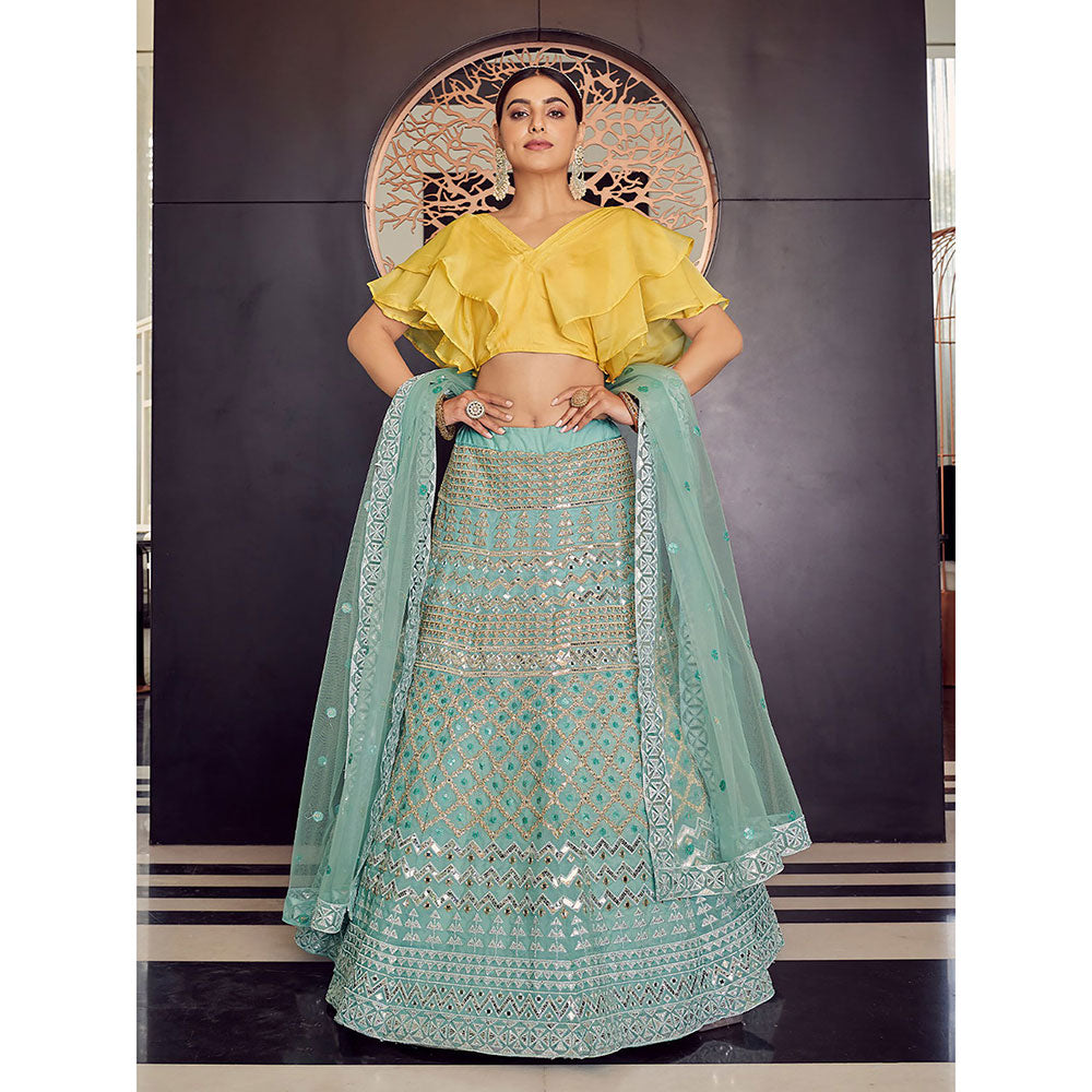 Odette Sea Green Stunning Semi Stitched Lehenga with Unstitched Blouse (Set of 3)