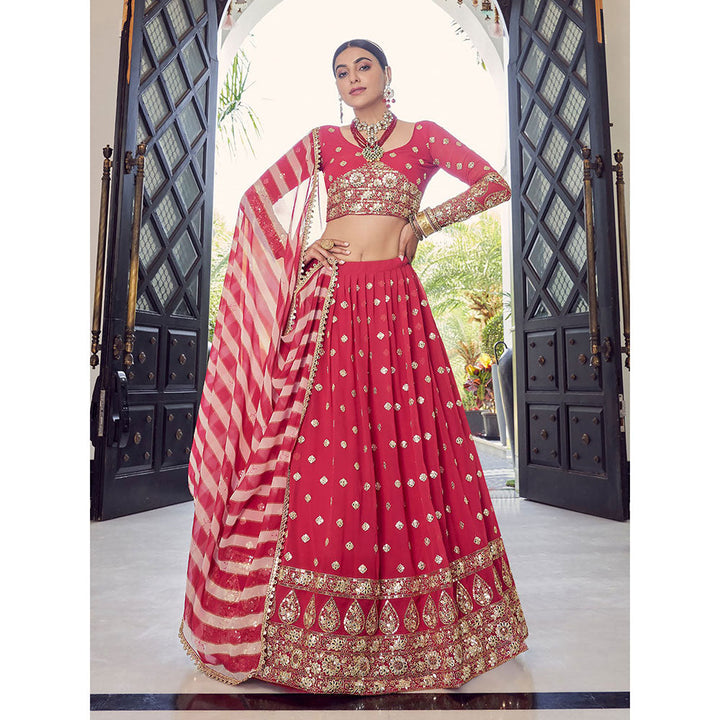 Odette Festive Designer Red Semi Stitched Lehenga with Unstitched Blouse (Set of 3)