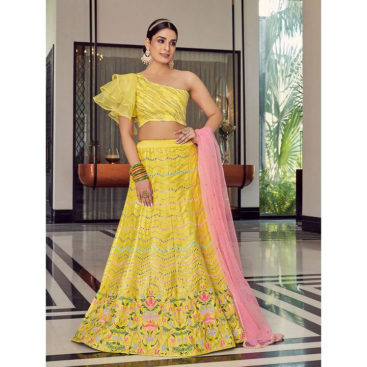 Odette Designer Yellow Art Silk Semi Stitched Lehenga with Unstitched Blouse (Set of 3)