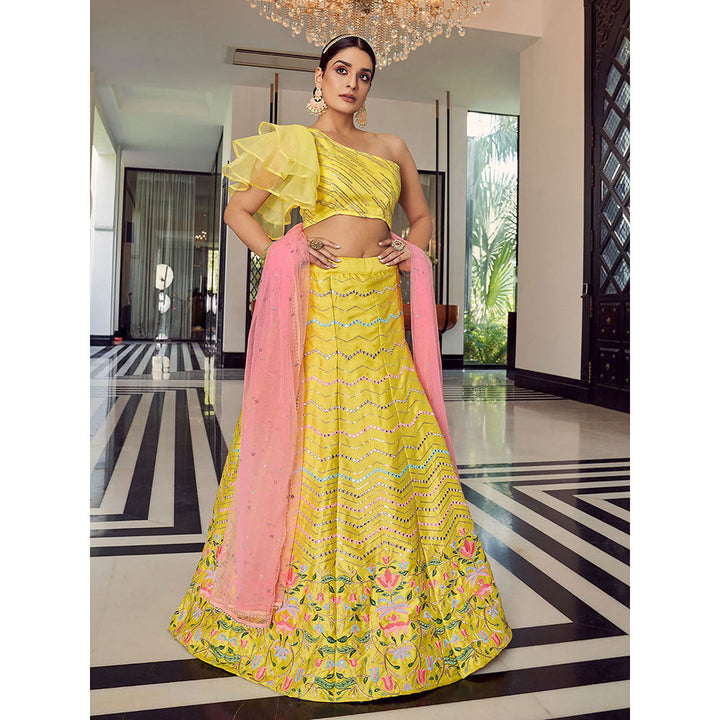 Odette Designer Yellow Art Silk Semi Stitched Lehenga with Unstitched Blouse (Set of 3)