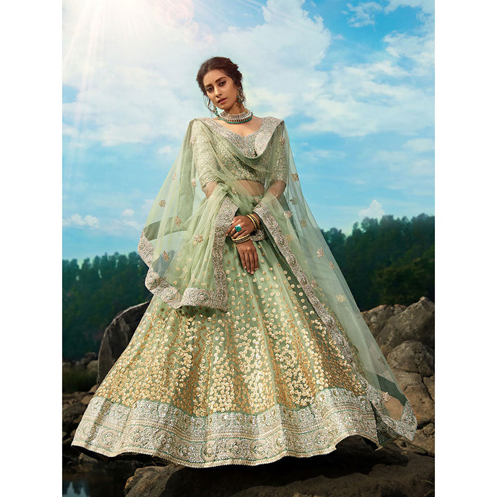 Odette Green Sequins Sassy Semi Stitched Lehenga with Unstitched Blouse (Set of 3)