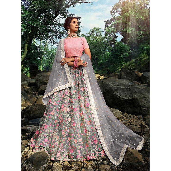 Odette Grey Designer Semi Stitched Lehenga with Unstitched Blouse (Set of 3)