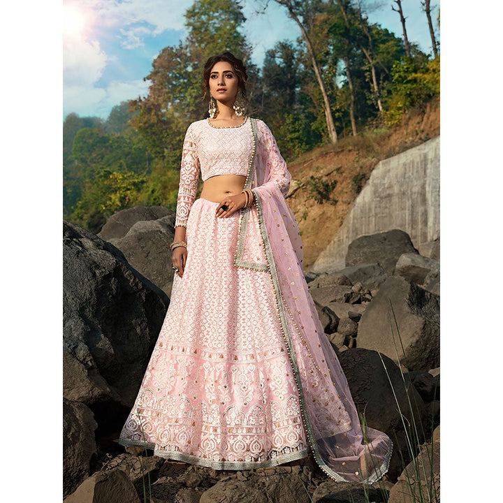 Odette Designer Pink Semi Stitched Lehenga with Unstitched Blouse (Set of 3)