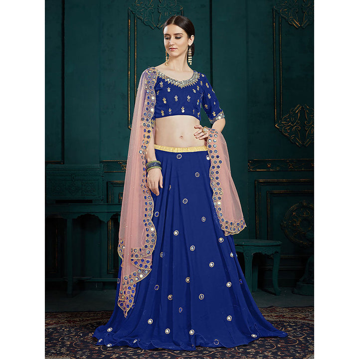 Odette Designer Dark Blue Sequins Semi Stitched Lehenga with Unstitched Blouse (Set of 3)