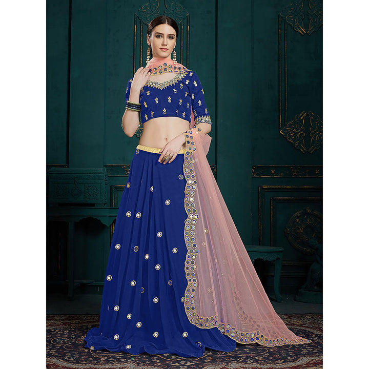 Odette Designer Dark Blue Sequins Semi Stitched Lehenga with Unstitched Blouse (Set of 3)