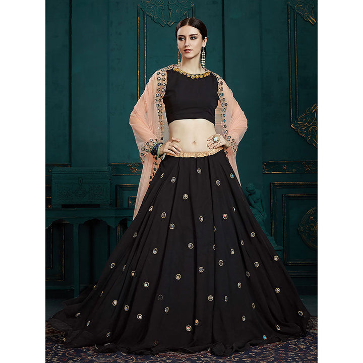 Odette Black Classy Semi Stitched Lehenga with Unstitched Blouse (Set of 3)