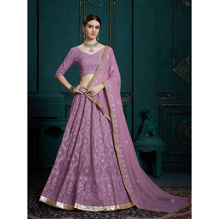 Odette Designer Lavender Soft Net Semi Stitched Lehenga with Unstitched Blouse (Set of 3)