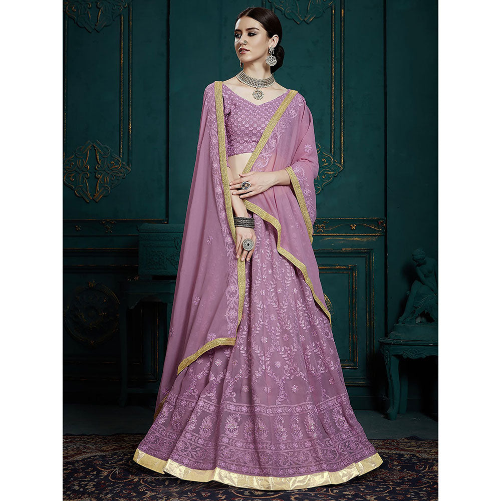 Odette Designer Lavender Soft Net Semi Stitched Lehenga with Unstitched Blouse (Set of 3)