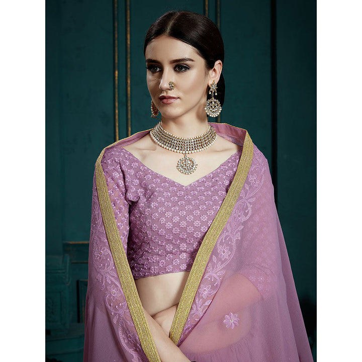 Odette Designer Lavender Soft Net Semi Stitched Lehenga with Unstitched Blouse (Set of 3)