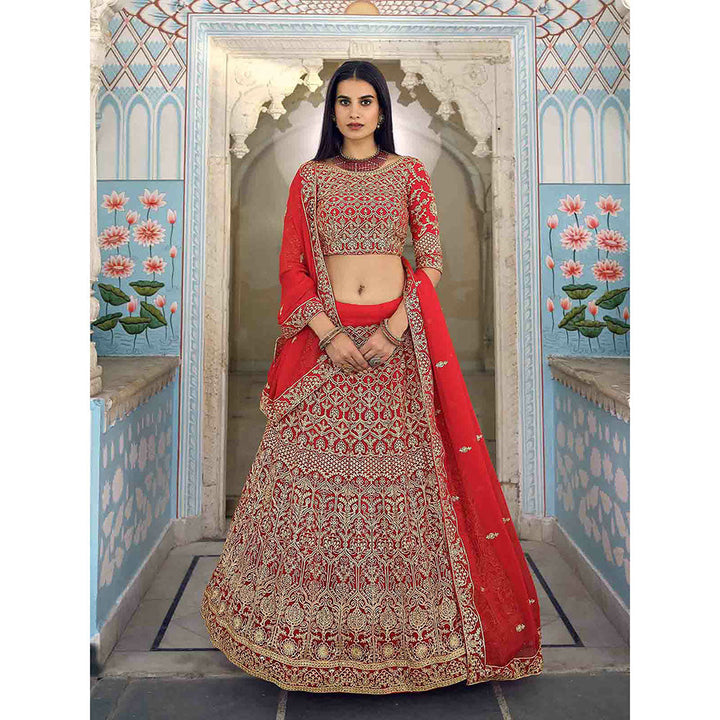 Odette Beautiful Red Semi Stitched Lehenga with Unstitched Blouse (Set of 3)