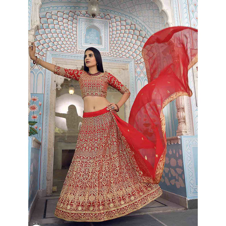 Odette Beautiful Red Semi Stitched Lehenga with Unstitched Blouse (Set of 3)