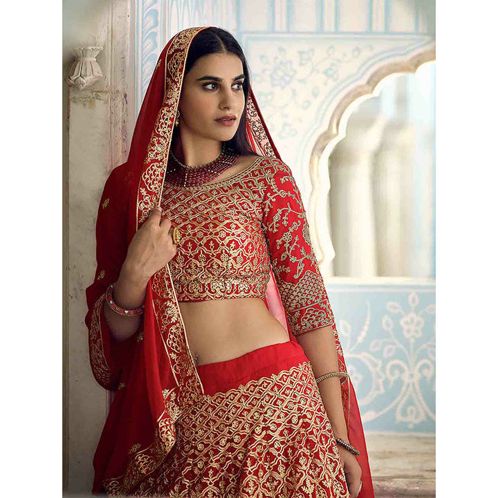 Odette Beautiful Red Semi Stitched Lehenga with Unstitched Blouse (Set of 3)