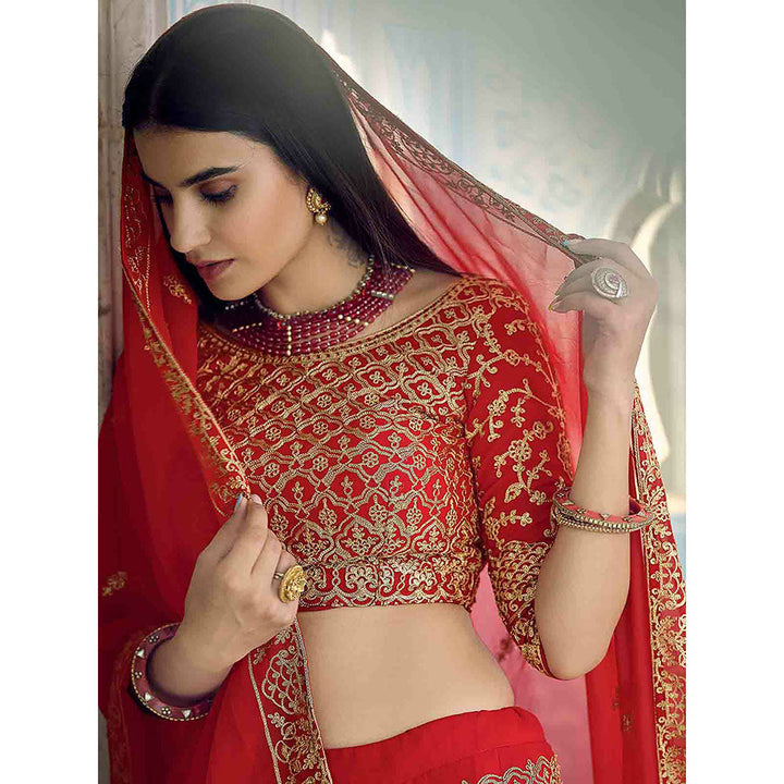 Odette Beautiful Red Semi Stitched Lehenga with Unstitched Blouse (Set of 3)